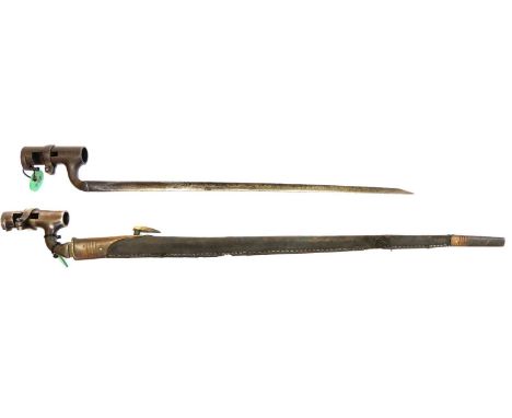 Two British socket bayonets, to include:Re-bushed (16.4mm) pattern 1876 with scabbard, British marks removed and overstamped 