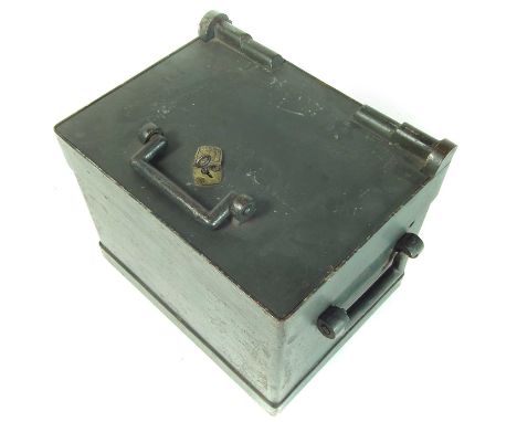 WWII Military safe, of portable nature with two swing handles, dated 1942, stamped with broad arrow and 295/13/L20 Con 14B, m