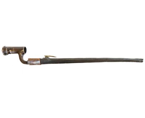 Musket socket bayonet by G&amp;E Roe, with sold out of service stamps, leather scabbard lacking brass fittings. 52cm long 