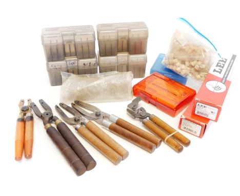 Collection of reloading equipment, to include a Lee .45LC three die set, bag of .45 card wads and a bag of felt wads, five MT