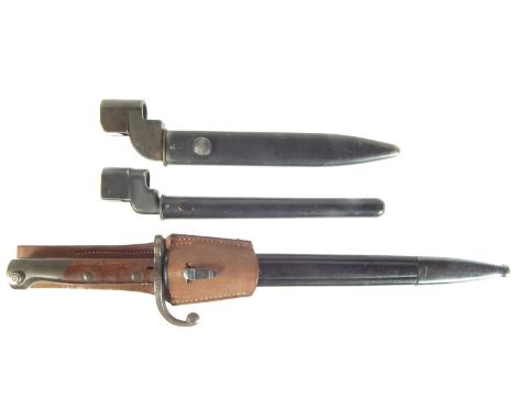 Three bayonets, to include an M1908 pattern export bayonet with scabbard and leather frog for the Brazilian Mauser rifle, als