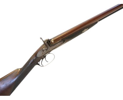 Percussion double 14 bore Shotgun by Weekes and Son Dublin, 30 inch Damascus barrels with gold bands and platinum breech plug