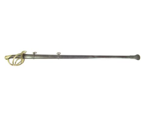 French 1880 pattern heavy cavalry sabre, with Klingenthal 1816 dated blade (shortened) and scabbard, horn grip and brass guar