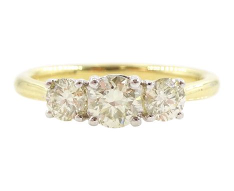 18ct gold three stone round brilliant cut diamond ring, hallmarked, total diamond weight 0.90 carat, with World Gemological I