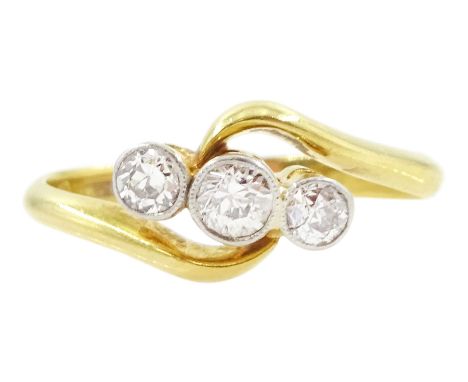 Early 20th century gold three stone old cut diamond ring, stamped 18ct, total diamond weight approx 0.35 caratCondition Repor