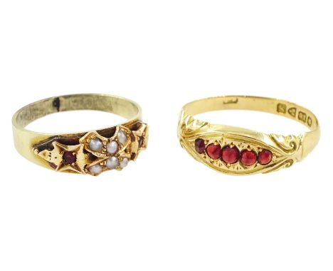 Early 20th century 18ct gold five stone garnet ring, Chester 1918 and a 12ct gold seed pearl and red paste stone set ringCond