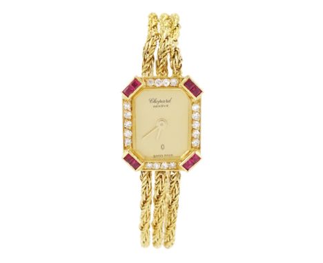Chopard ladies 18ct gold ruby and diamond quartz wristwatch, Ref. 5152, champagne dial, bezel set with calibre cut rubies and