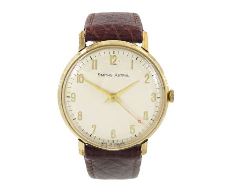 Smiths Astral gentleman's 9ct gold manual wind presentation wristwatch, silvered dial with Arabic hour marks, on brown leathe