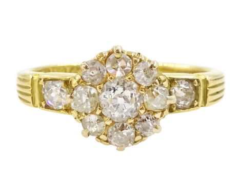 Victorian 18ct gold old cut diamond cluster ring, with ridged design shank, Birmingham 1895, total diamond weight approx 0.85