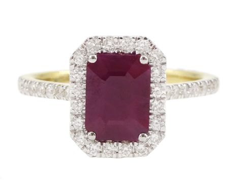 18ct gold octagonal cut ruby and round brilliant cut diamond cluster ring, with diamond set shoulders, hallmarked, ruby appro