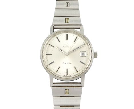 Omega Genève gentleman's stainless steel manual wind presentation wristwatch, Ref.136 0099, Cal. 1030, silvered dial with bat
