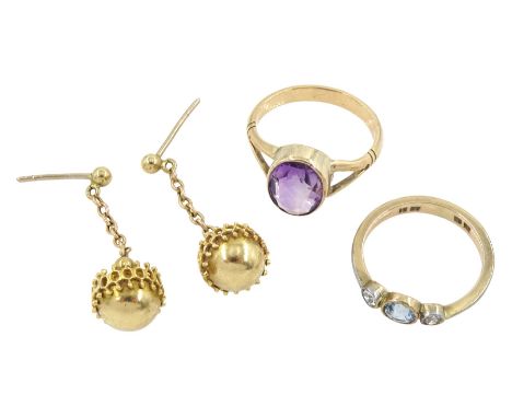 Pair of early 20th century 10ct gold wirework ball pendant stud earrings, 9ct rose gold single stone amethyst ring and an 8ct