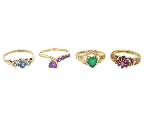 Four gold stone set rings including Claddagh, topaz and diamond, amethyst and ruby, all hallmarked 9ctCondition Report:Approx