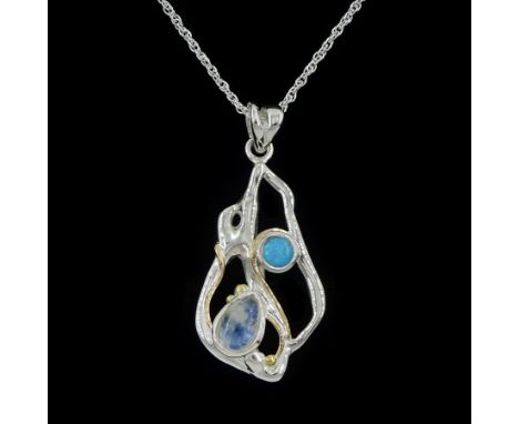 Silver and 14ct gold wire opal and moonstone pendant necklace, stamped 925Condition Report:Pendant length = 3.8cm, chain leng