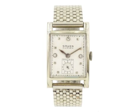 Gruen Curvex Precision gentleman's 14ct white gold manual wind wristwatch, back case No. 282688, rectangular silvered dial, w