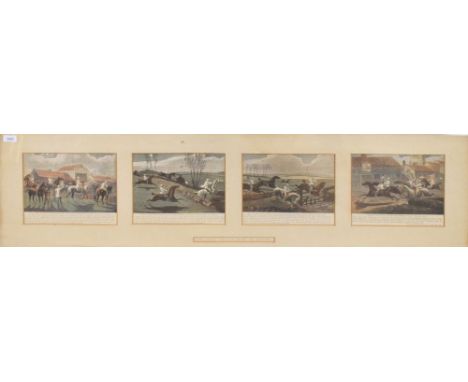 Set of four coloured prints mounted as a whole - 'The First Steeplechase on Record', each print 10.5cm x 14.5cm  