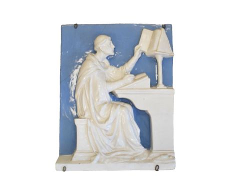 Cantigalli rectangular relief pottery plaque depicting a monk scribing a manuscript, the reverse with cockerel mark and inscr