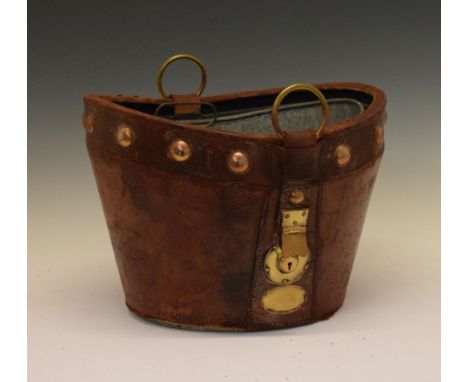 Vintage leather hat box converted to a coal bucket having  oval zinc liner, 34cm wide  