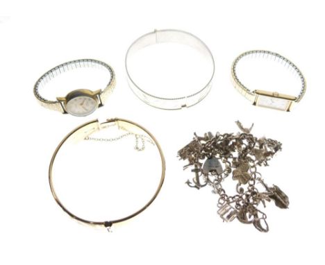 Assorted jewellery and watches to include; silver snap bangle, charm bracelet, etc  