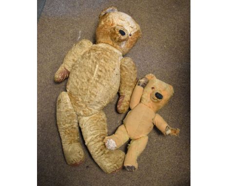 Large vintage 20th Century Golden mohair children's teddy bear, measuring 71cm high, together with two composite bodied dolls