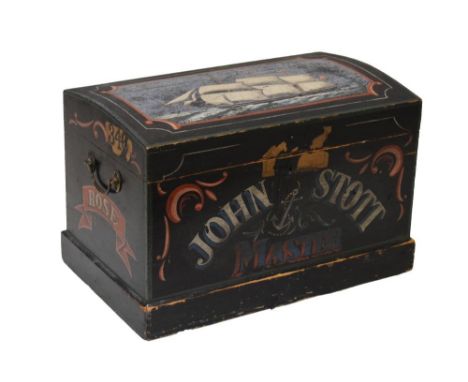 Painted pine dome top trunk inscribed John Stott, Master, 52cm wide  