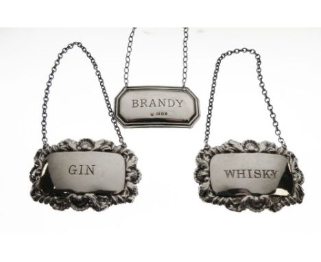 Three modern silver spirit labels for Brandy, Whisky and Gin, the latter two a pair, 1.1toz gross approx  