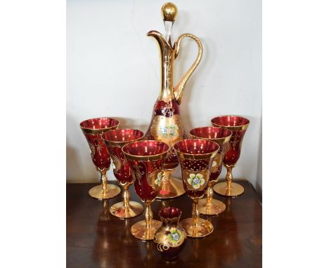 Italian Murano gilt and enamel decorated carafe and six wines and smaller vase  