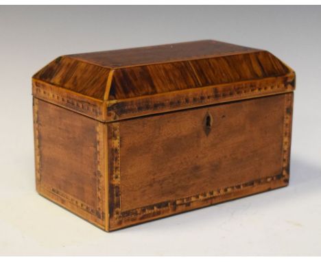 19th Century mahogany and rosewood crossbanded string inlaid rectangular tea caddy, the hinged cover with shell inlaid lid, f