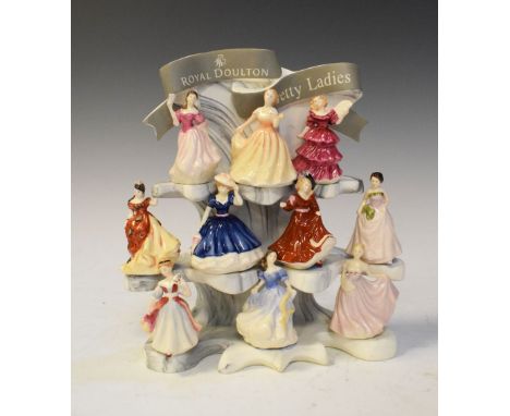 Group of ten Royal Doulton miniature 'Pretty Ladies' with original display stand, together with nine other figurines to inclu