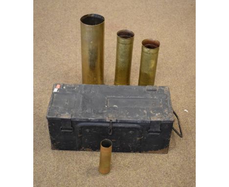 Group of World War II trench art ammunition shells, together with metal Military ammunition chest marked 1944 to top  