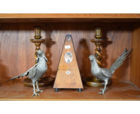 Metronome, a pair of open barley twist candlesticks, and a pair of silver plated pheasants  