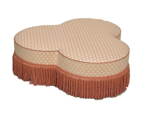 Trefoil shape pouffe with loose buttoned cover, upholstered in printed glazed fabric, 98cm wide  