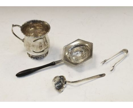 George VI silver Christening mug of bulbous form, Birmingham 1939, wooden-handled straining ladle of hexagonal design, small 