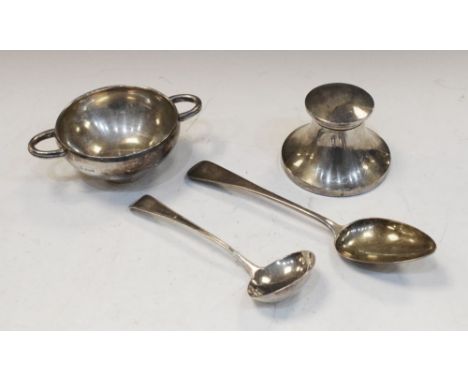 George V silver capstan inkwell, London 1919, George V two-handled sugar bowl, Sheffield 1912, a silver table spoon and a lad