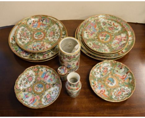 Pair of Cantonese Famille Rose enamel plates, and four matching smaller tea plates, and two matching saucers, together with t