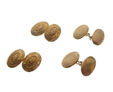 Pair of 15ct gold oval cufflinks, 8g approx, together with a similar pair of 9ct cufflinks, 3.2g approx (2)  