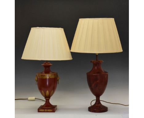 Reproduction toleware type urn shaped table lamp and one other similar table lamp, both with shades  