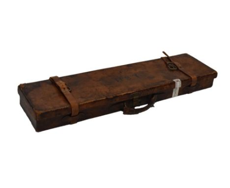 Vintage leather gun case, the brass lock plate stamped 'Secure RB Lever Safety Lock', the interior marked 'E.M. Reilly &amp; 