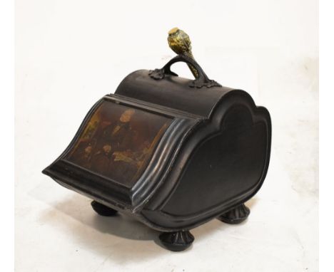 Victorian painted metal coal box having hinged cover with applied transfer print of a seated gentleman, with brass handled sh