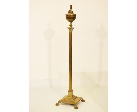 Early 20th Century brass column design telescopic standard lamp having oil reservoir, converted to electricity  