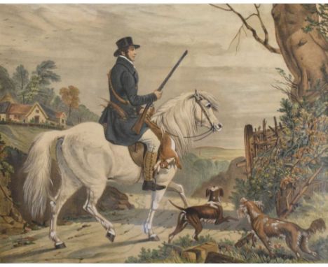 19th Century coloured print - The Gamekeeper's Return, 32cm x 40cm, in a birds-eye maple frame  