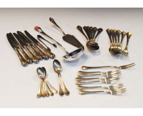 Part suite of Continental 800 standard white metal flatware comprising ladle, six each of tablespoons, table forks, dessert f