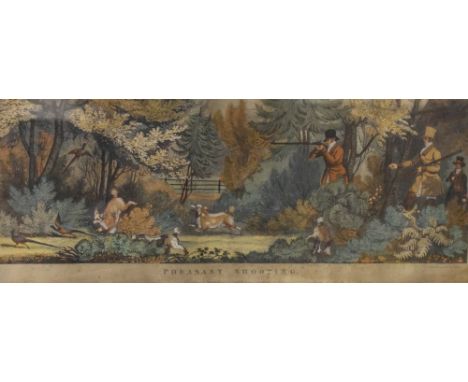 After Pollard - 19th Century coloured print - Pheasant shooting, 16cm x 41cm, in a birds eye maple frame  