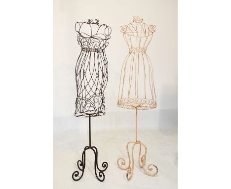 Two vintage style wirework dressmakers mannequins on scroll bases, 157cm high  