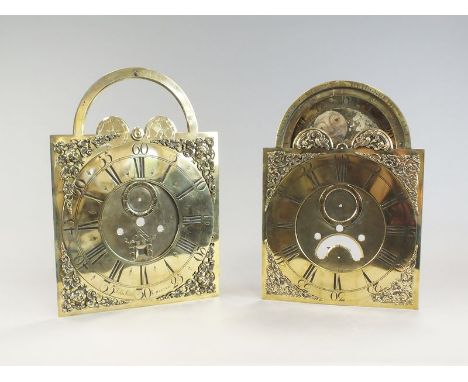 Box containing 12" square brass dial with Roman numerals and sun motif inscribed E Courter Ruthin and attached 30 hour moveme