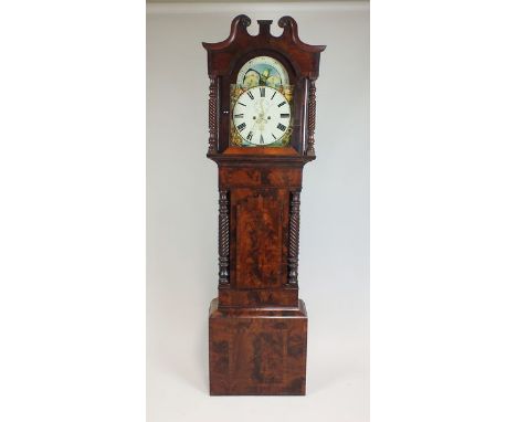 An early 19th century crossbanded mahogany long case clock with arched wood and broken scroll pediment, 14” white painted dia