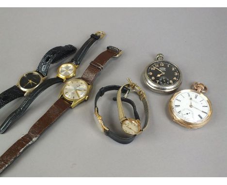 A lady's 9ct gold Tissot wristwatch, with gold plated bracelet strap, together with a gold plated open face pocket watch, fou