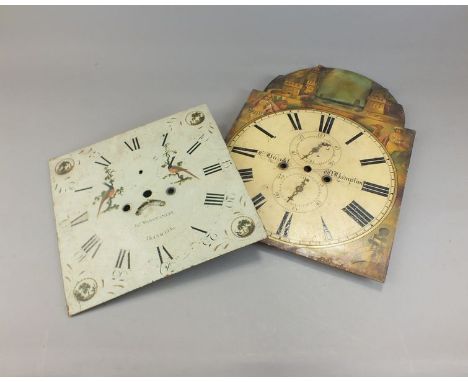 Two boxes of 18th century arched and square white painted dials for restoration to include two attached 30 hour movements, in
