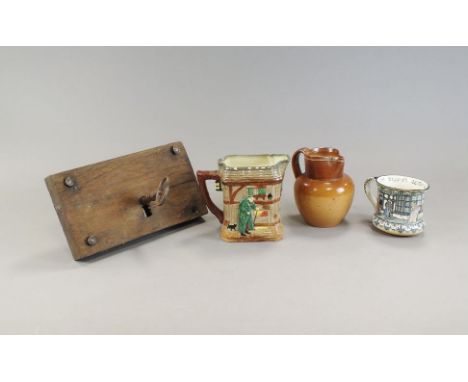 Two boxes containing Royal Doulton series ware jugs, Oliver Twist, and Old Moreton Hall, various stoneware jugs, carved oaked