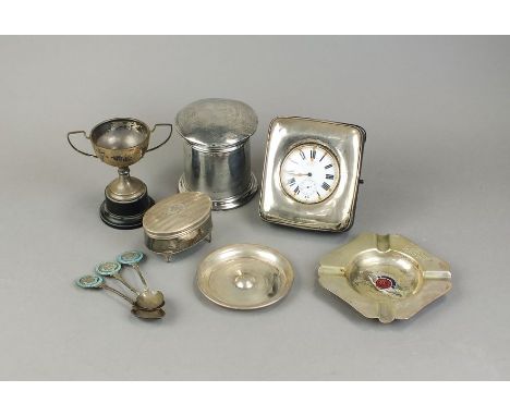 A silver mounted Goliath pocket watch, together with an oval silver trinket box, a silver mounted cylindrical box and cover, 